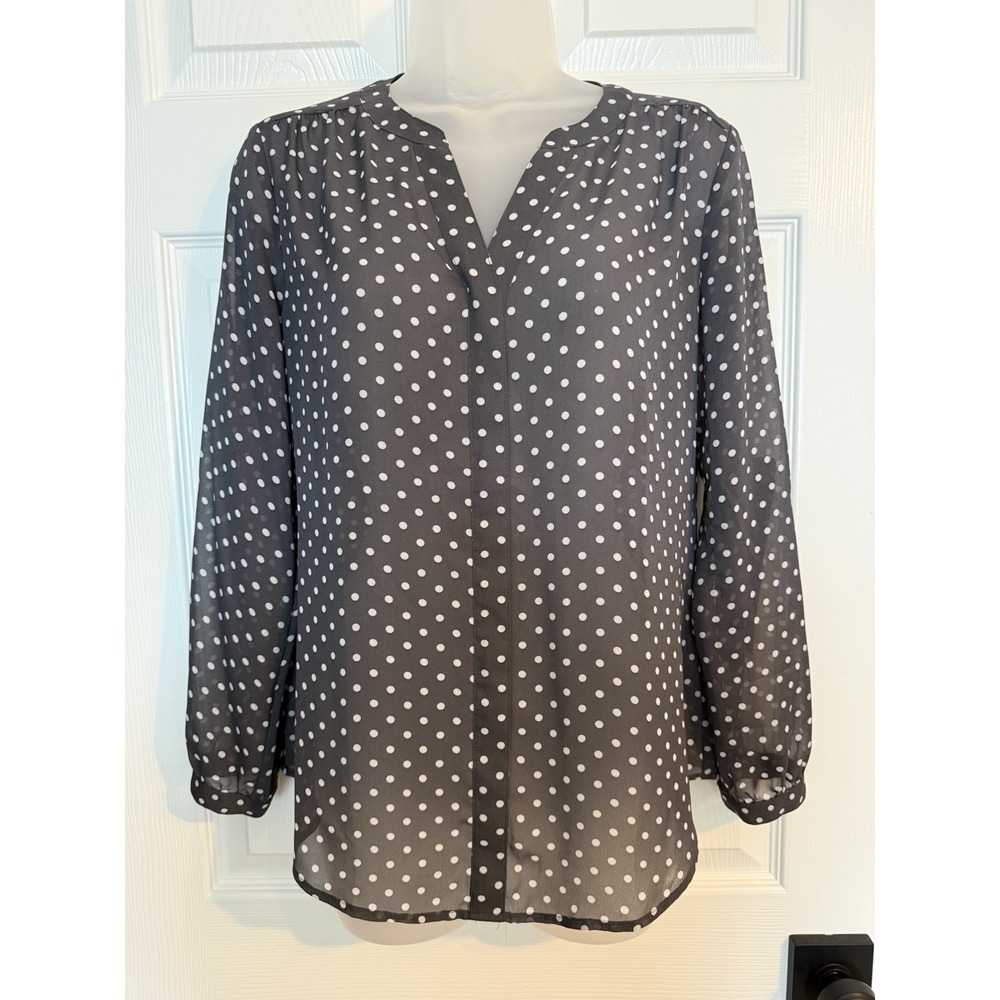 Ann Taylor Loft Womens Petites Polka Dot Button Up Long Sleeve Blouse SP Gray